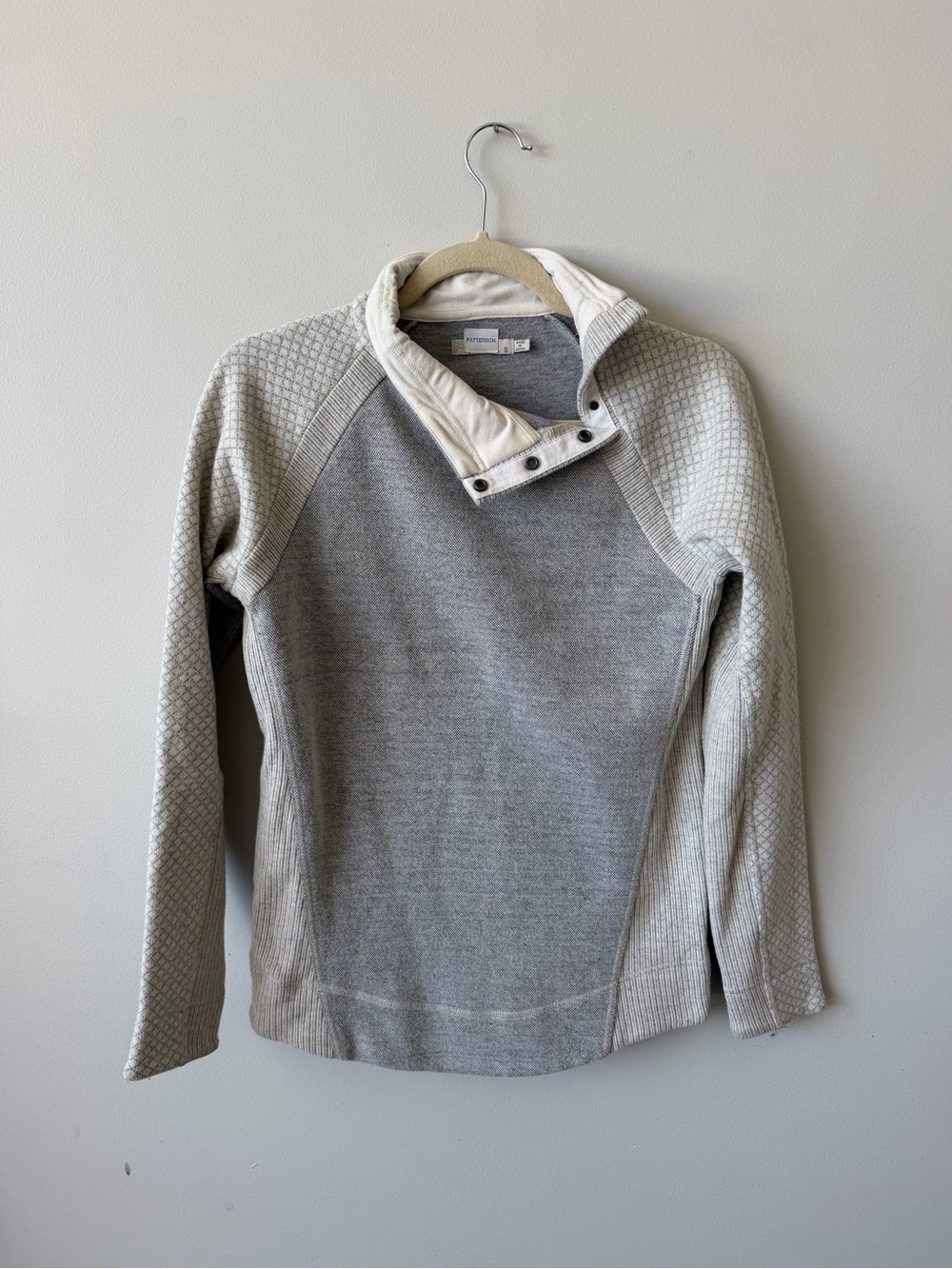 Prana Gray and Off-White Quilted Sleeve Zip-Up Sweater